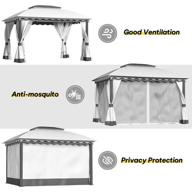 Outdoor Patio Gazebo With Mosquito Netting And Double Roof