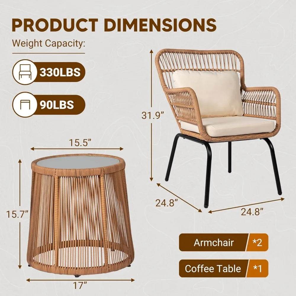 Outdoor Wicker Bistro Set With Glass Table For Patio