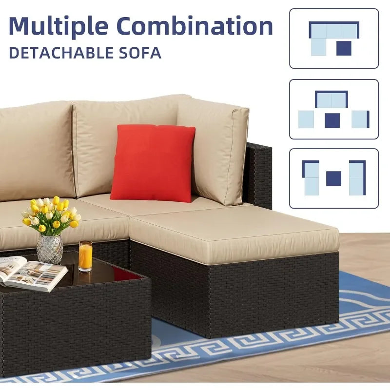 XMSJ Outdoor Patio Furniture Set All Weather Rattan Sectional Ottoman