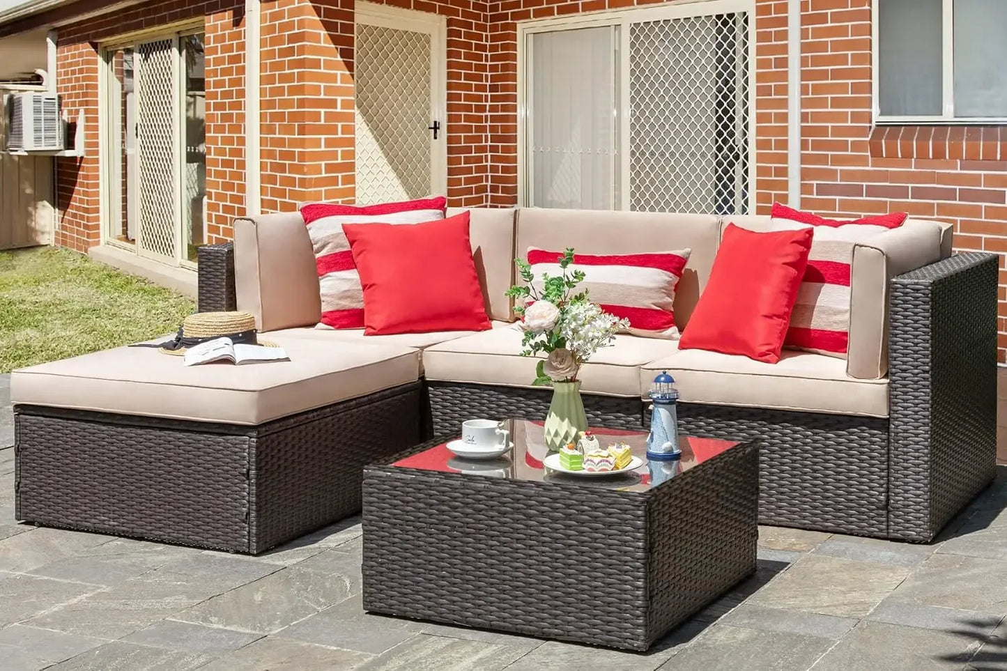 XMSJ Outdoor Patio Furniture Set All Weather Rattan Sectional Ottoman