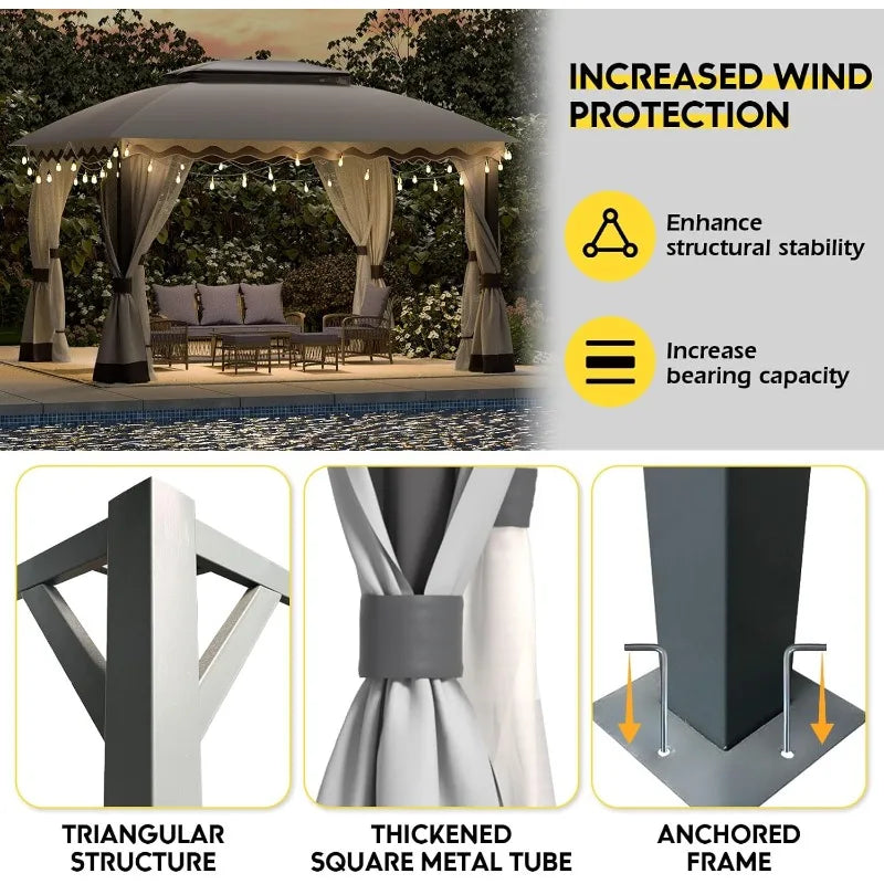 Outdoor Patio Gazebo With Mosquito Netting And Double Roof