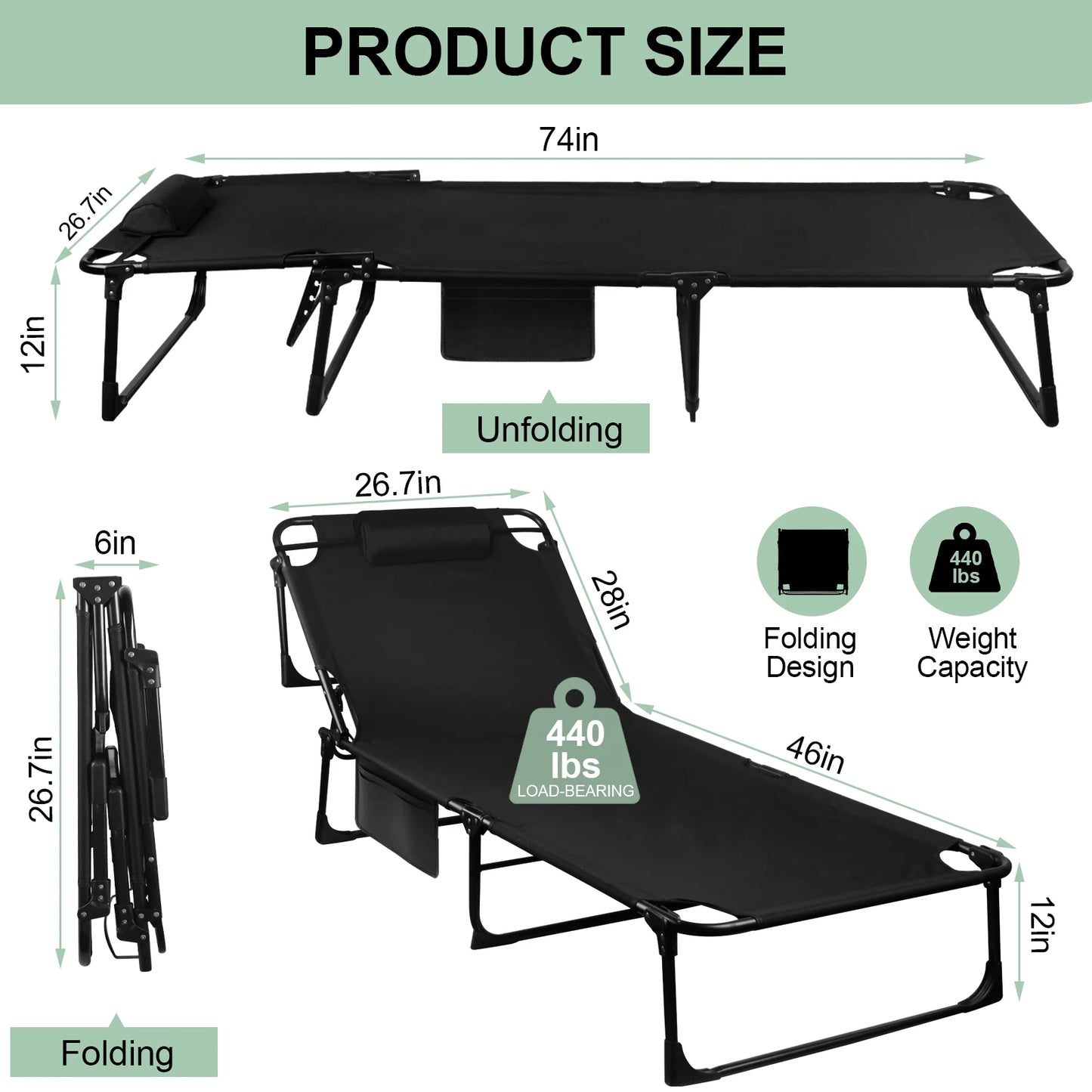 Portable Folding Camping Cot With 3-Position Reclining Lounger