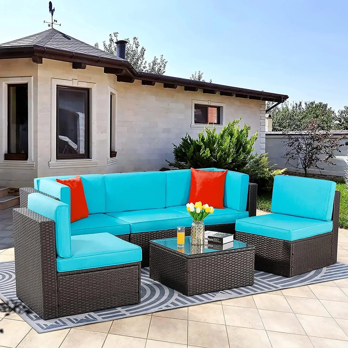 XMSJ Outdoor Patio Furniture Set All Weather Rattan Sectional Ottoman
