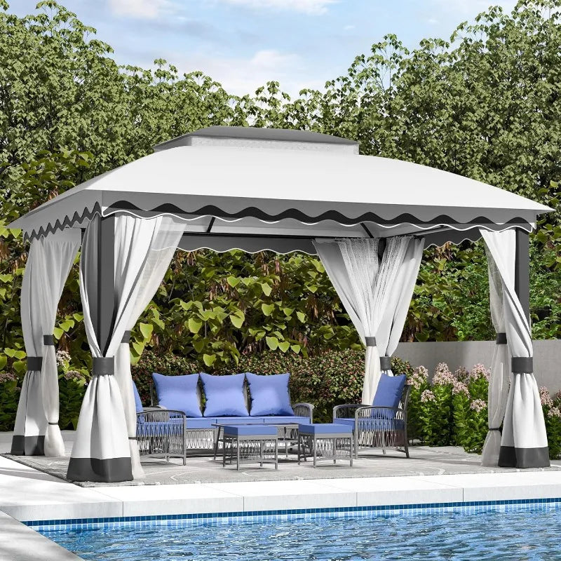 Outdoor Patio Gazebo With Mosquito Netting And Double Roof