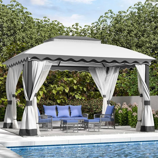 Outdoor Patio Gazebo With Mosquito Netting And Double Roof
