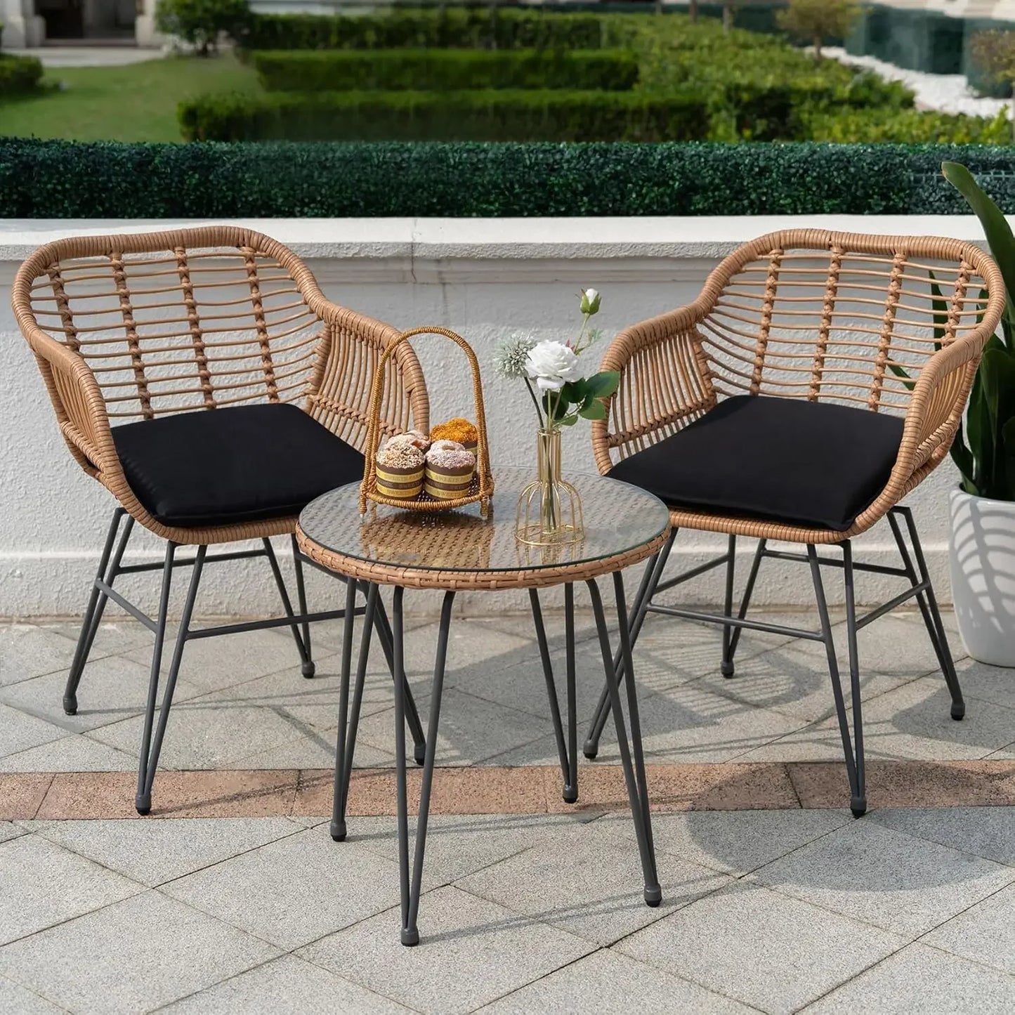 Outdoor Wicker Bistro Set With Glass Table For Patio