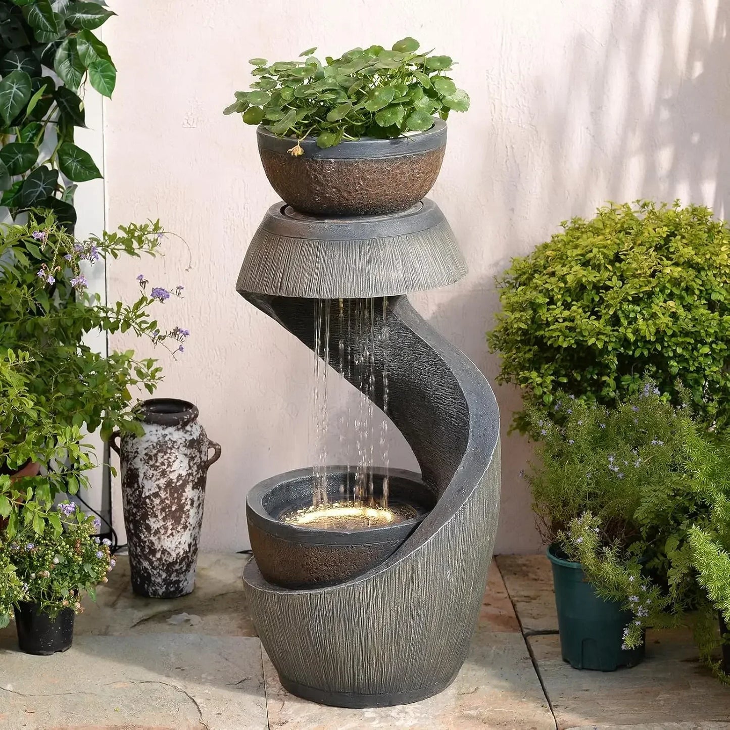 Outdoor S Shaped Water Fountain With Led Lights And Planter