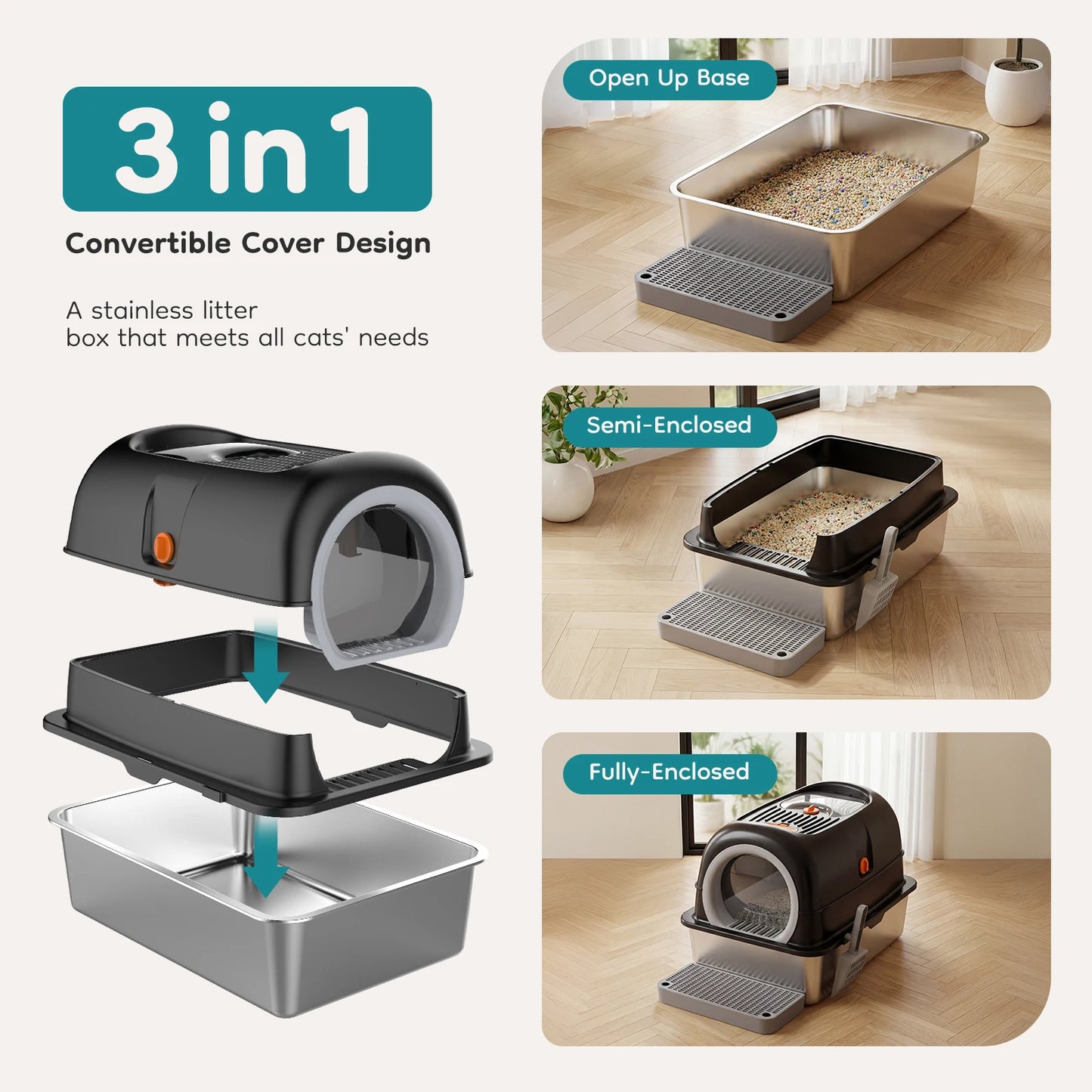 Stainless Steel Enclosed Cat Litter Box For Large Cats