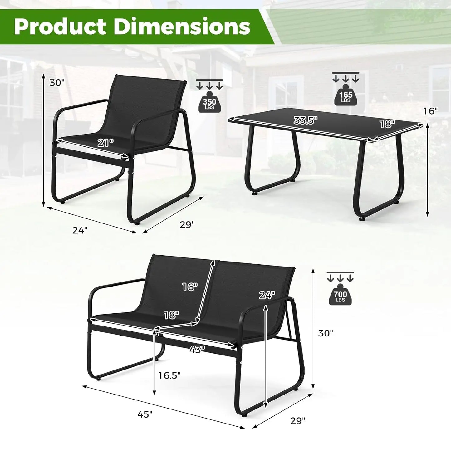 Outdoor 4 Piece Patio Furniture Set With Mesh Seat Fabric