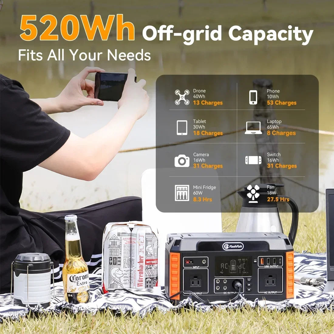 FlashFish 520Wh Portable Power Station Solar Generator for Camping RV