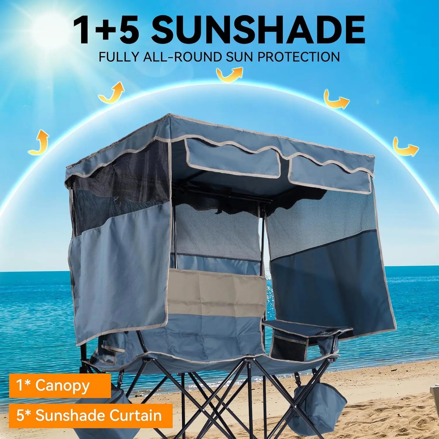 Double Camping Chair With Removable Canopy Cup Holders Cooler Bag