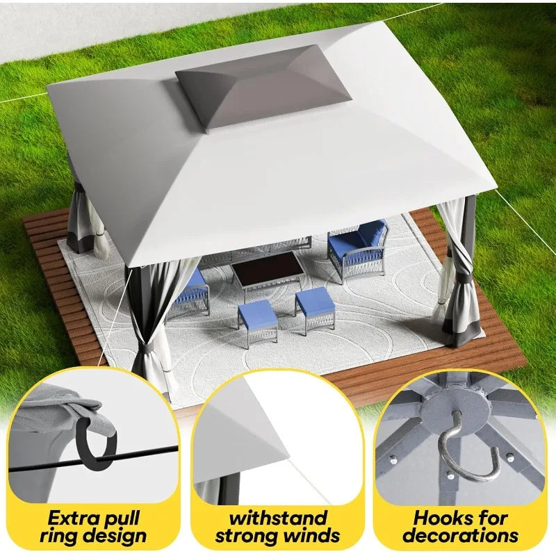 Outdoor Patio Gazebo With Mosquito Netting And Double Roof