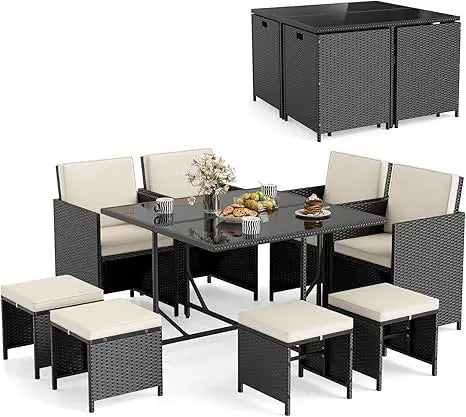 Outdoor Patio Dining Set With Rattan Chairs And Glass Table