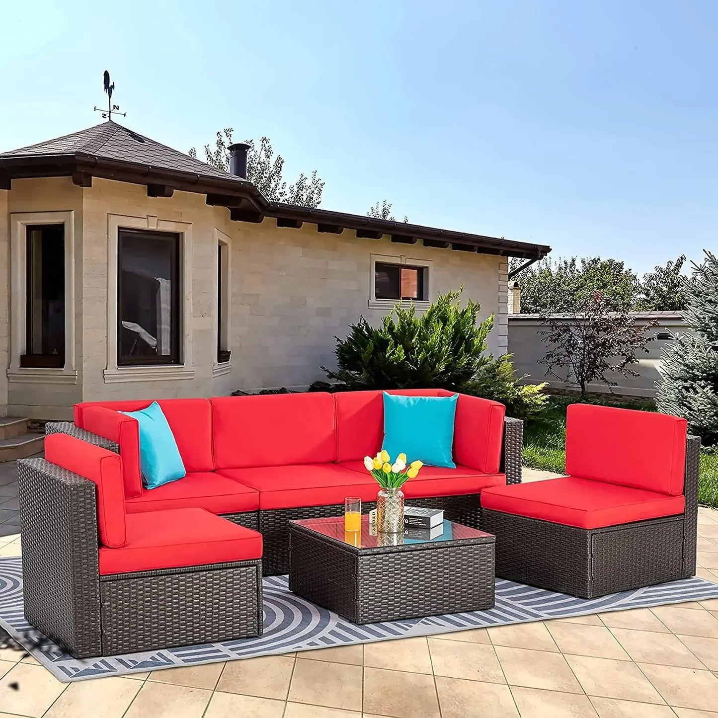 XMSJ Outdoor Patio Furniture Set All Weather Rattan Sectional Ottoman