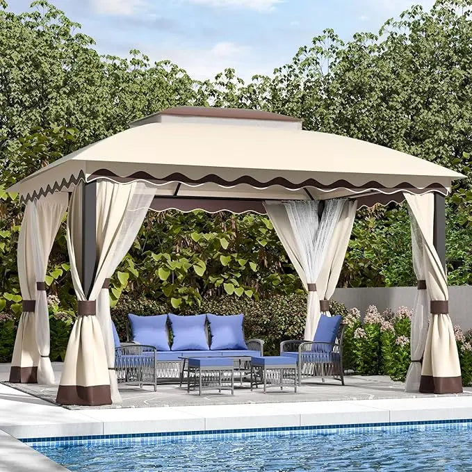 Outdoor Patio Gazebo With Mosquito Netting And Double Roof