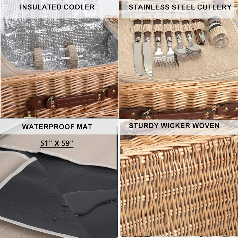 Multifunctional Wicker Picnic Basket Set for Two with Blanket