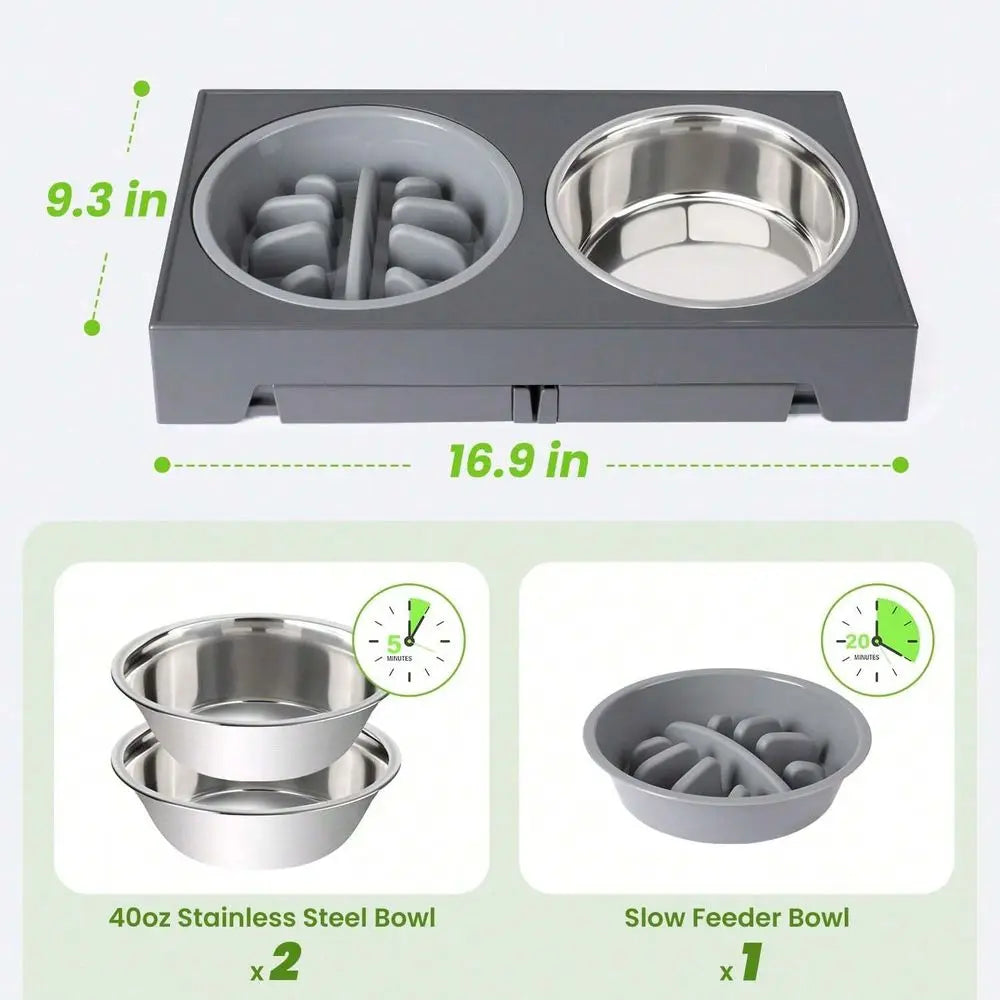 Raised Dog Bowl Stand With 2 Stainless Steel Bowls