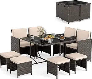 Outdoor Patio Dining Set With Rattan Chairs And Glass Table