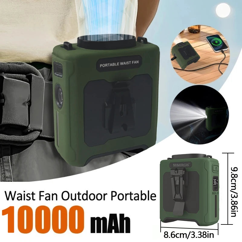 10000mAh Portable Waist Clip Fan With Flashlight Power Bank
