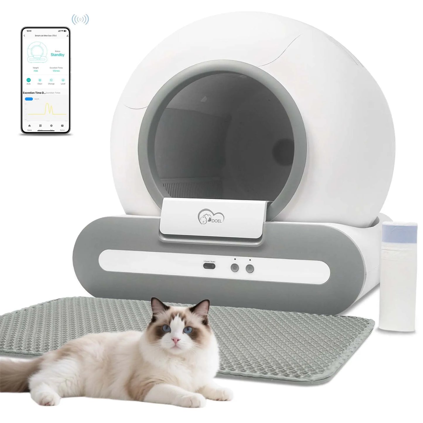 DOEL App Controlled Self Cleaning Cat Litter Box Litter Mat