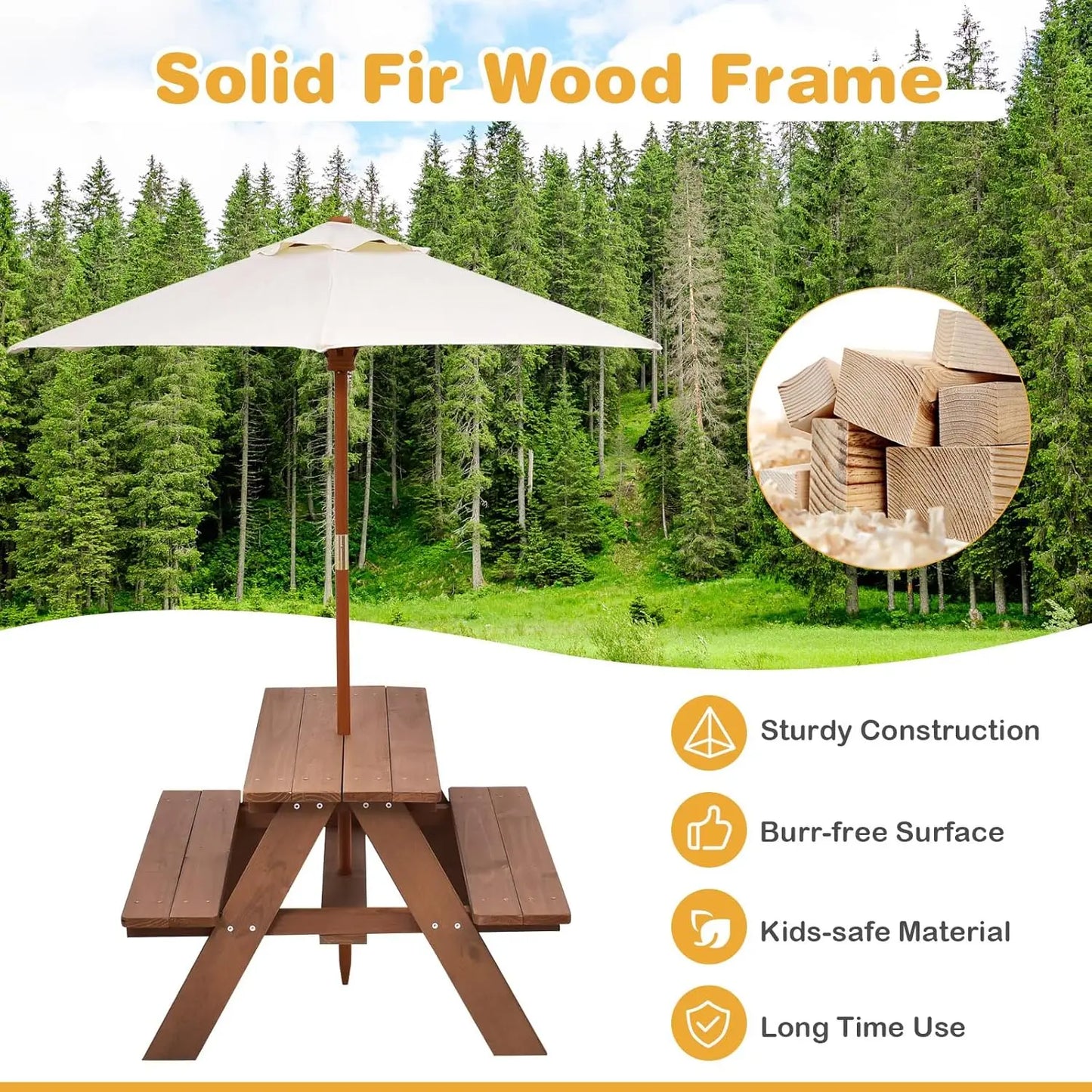 XIAOLANG Kids Outdoor Wooden Picnic Table With Umbrella Bench Set
