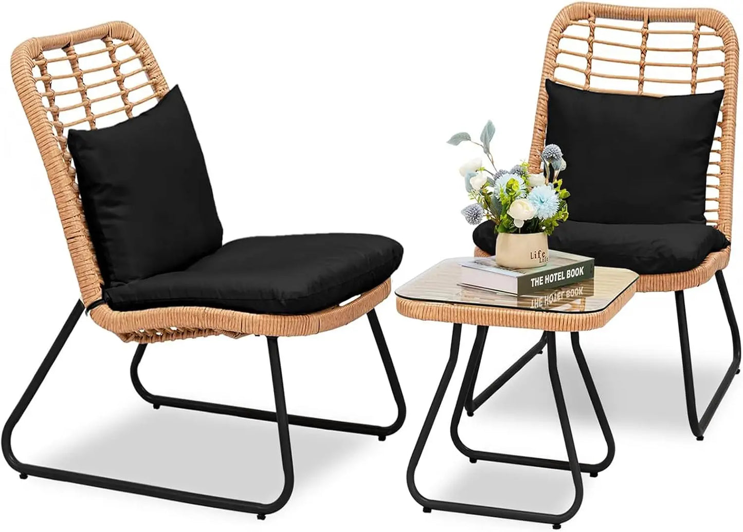 Outdoor Wicker Bistro Set With Glass Table For Patio