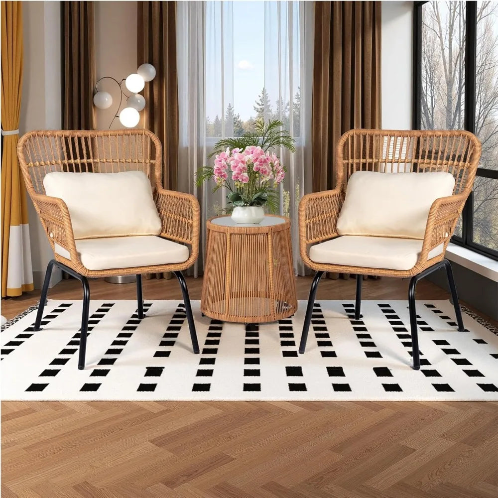 Outdoor Wicker Bistro Set With Glass Table For Patio