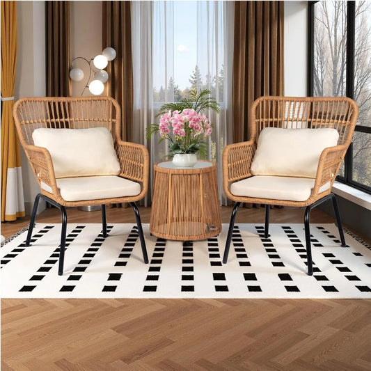 Outdoor Wicker Bistro Set With Glass Table For Patio