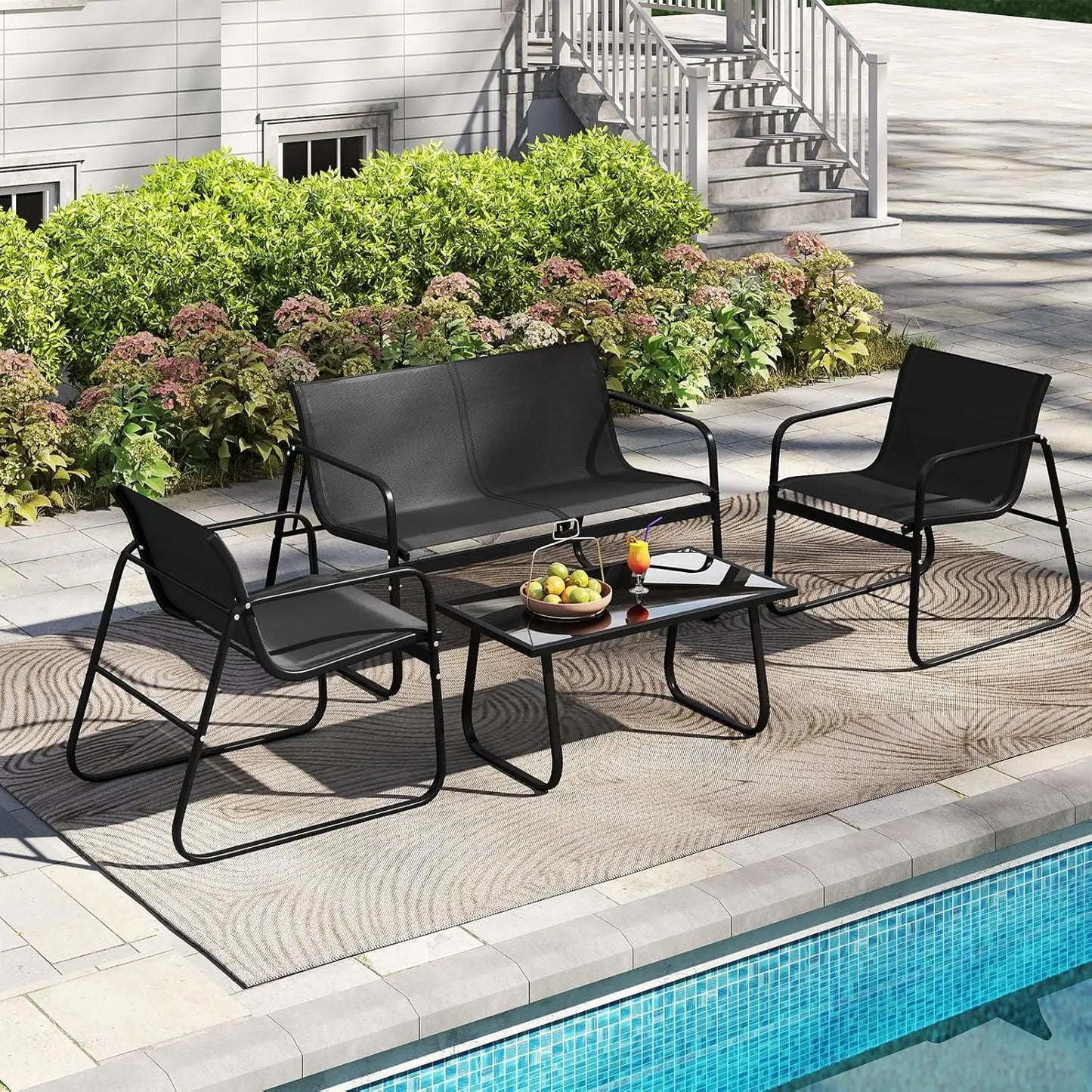 Outdoor 4 Piece Patio Furniture Set With Mesh Seat Fabric